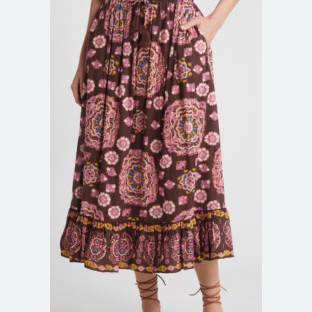 Cleobella Bohemian Floral Maxi Skirt - Pink and Brown